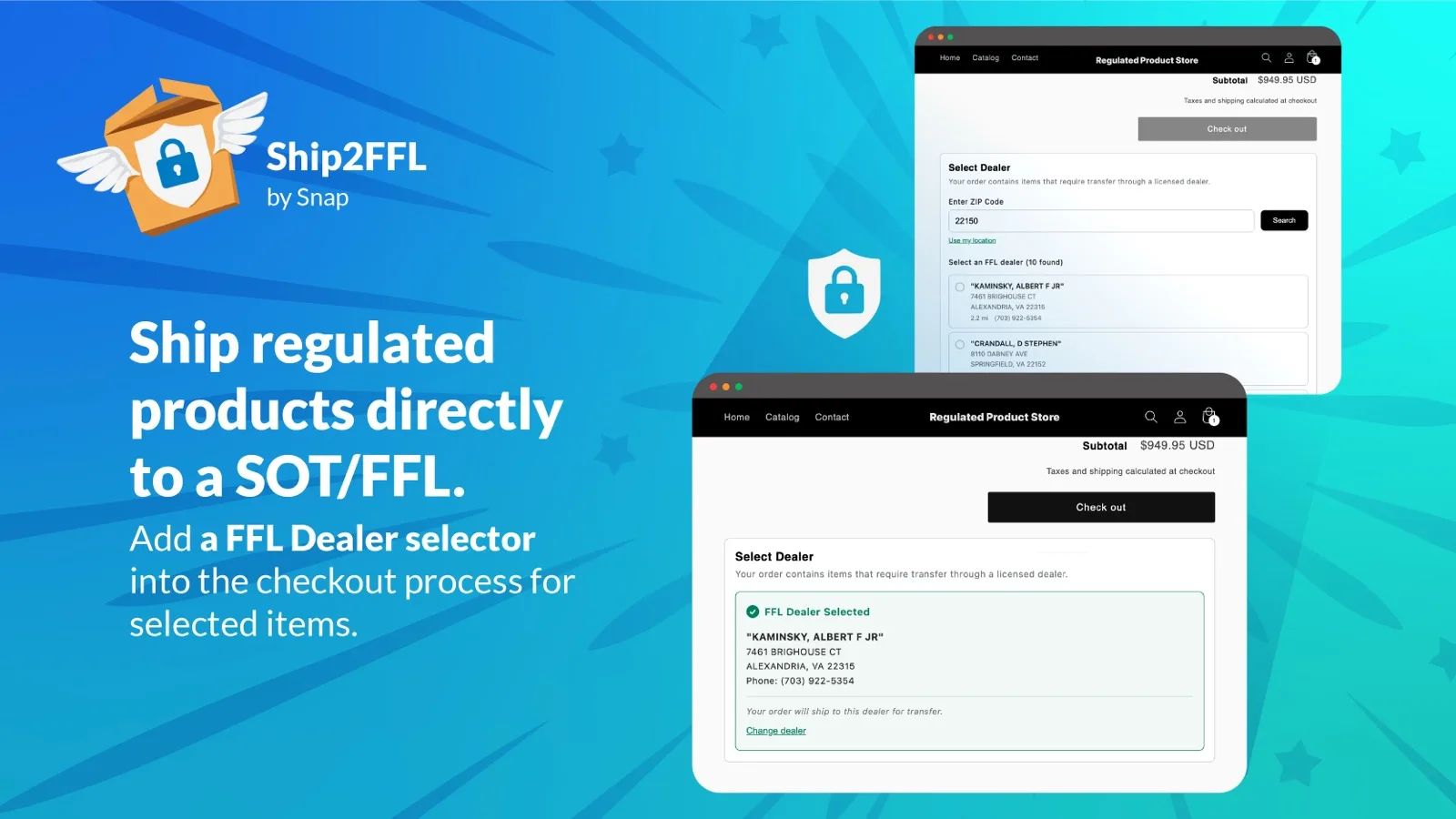Ship2FFL FFL dealer selector shown at checkout, letting a customer search by ZIP and pick a licensed dealer.