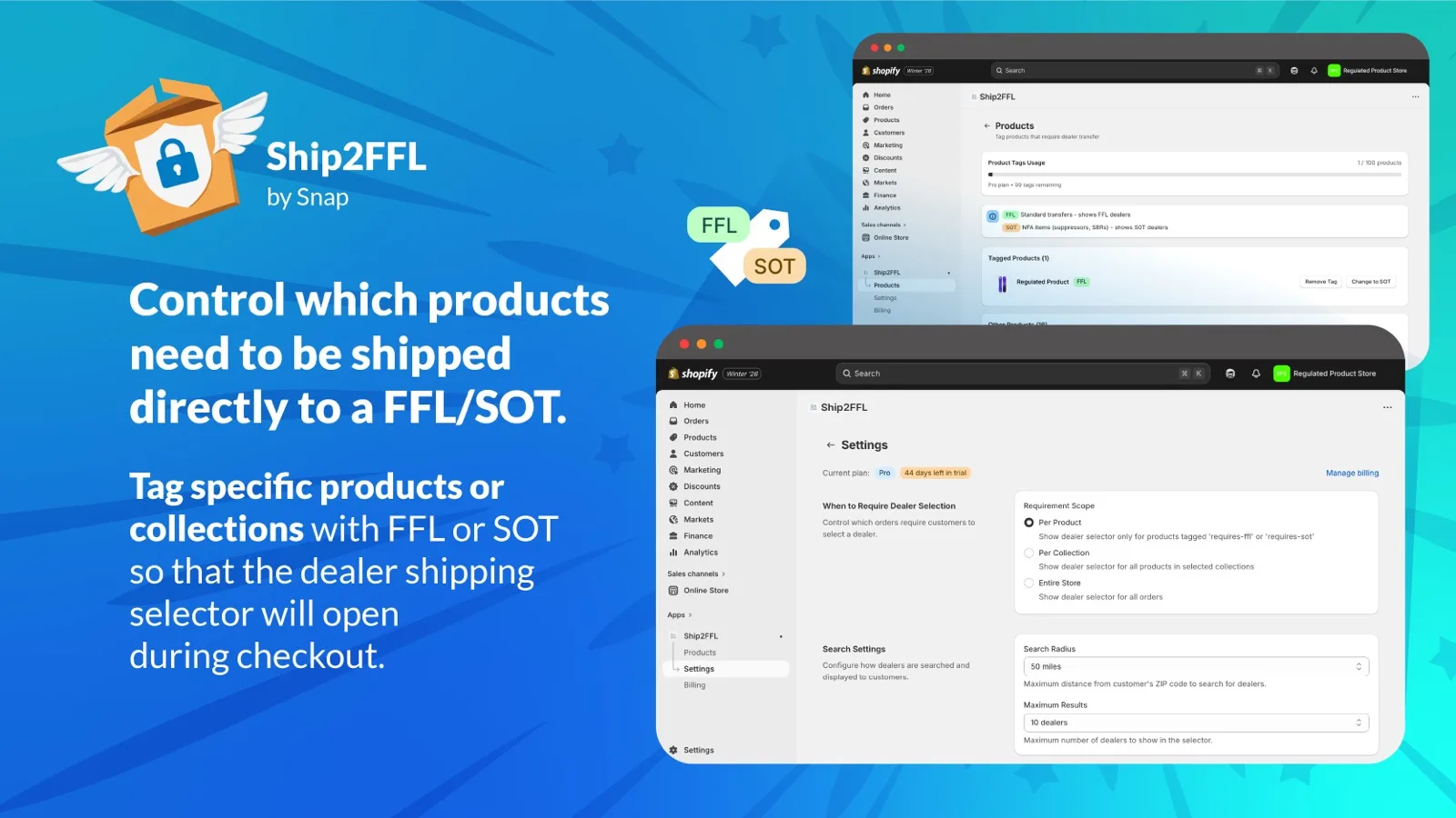 Tagging specific products or collections as FFL or SOT so the dealer selector opens at checkout.