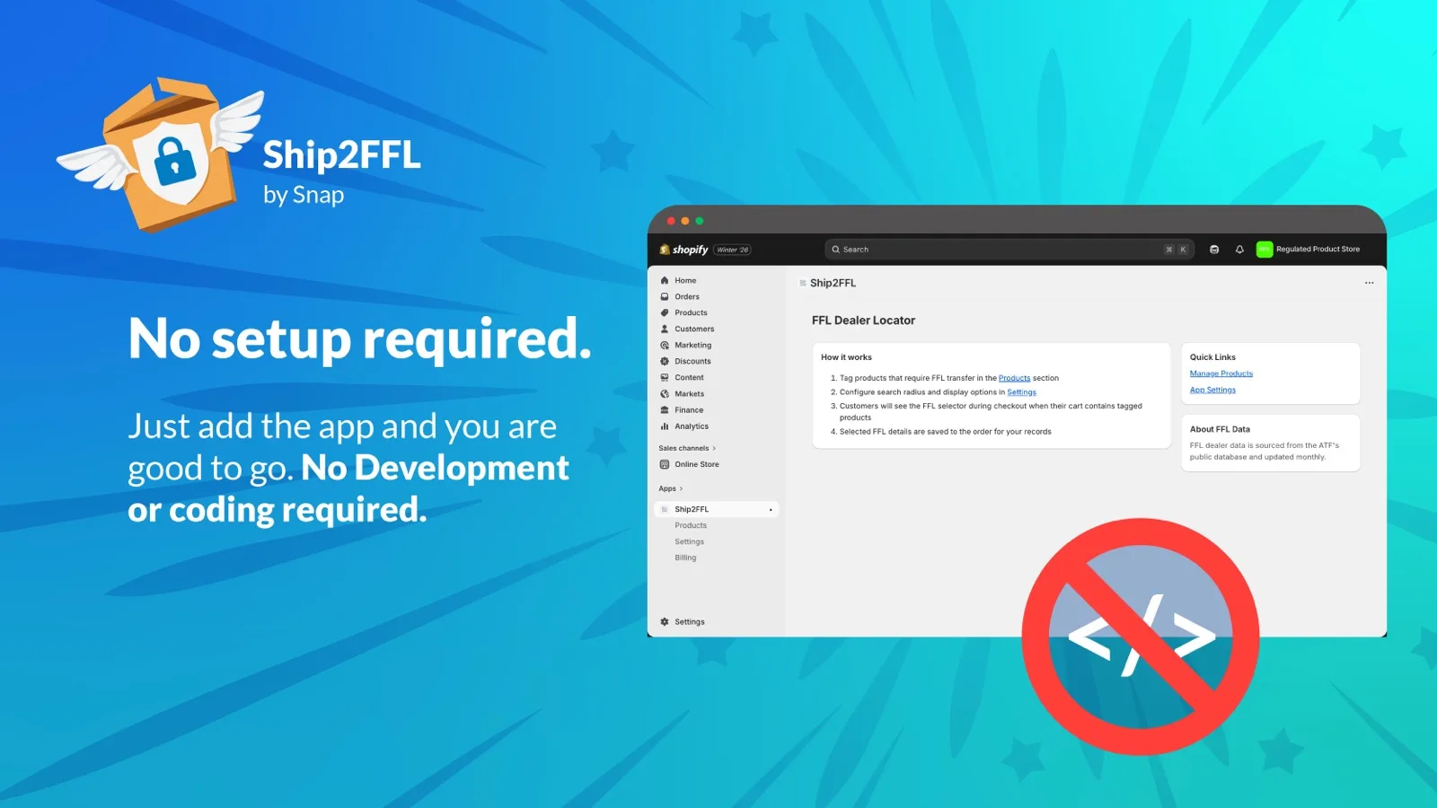 The Ship2FFL dashboard, showing no setup is required beyond installing the app.