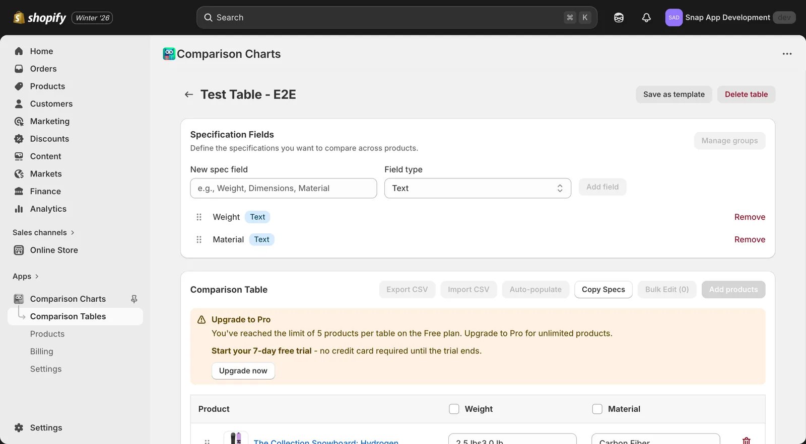 Building a comparison table in SpecWise by defining custom specification fields.