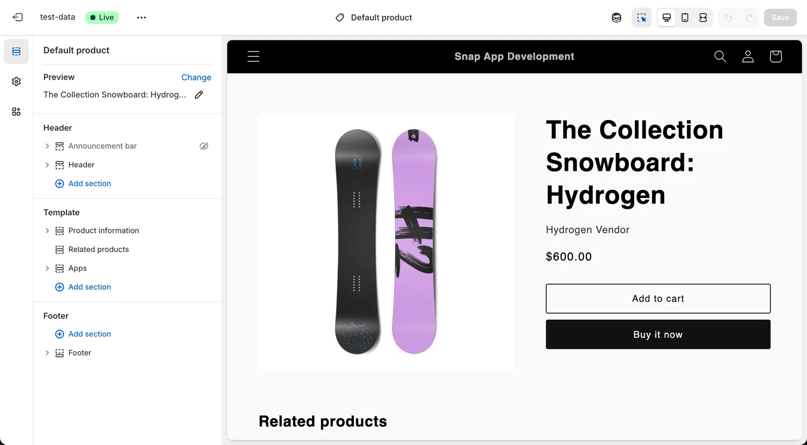 Adding the SpecWise comparison table to a storefront page from the Shopify theme editor.